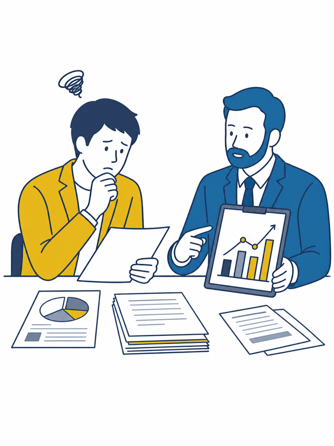 見積もり内容に不安を感じる経営者のイラスト